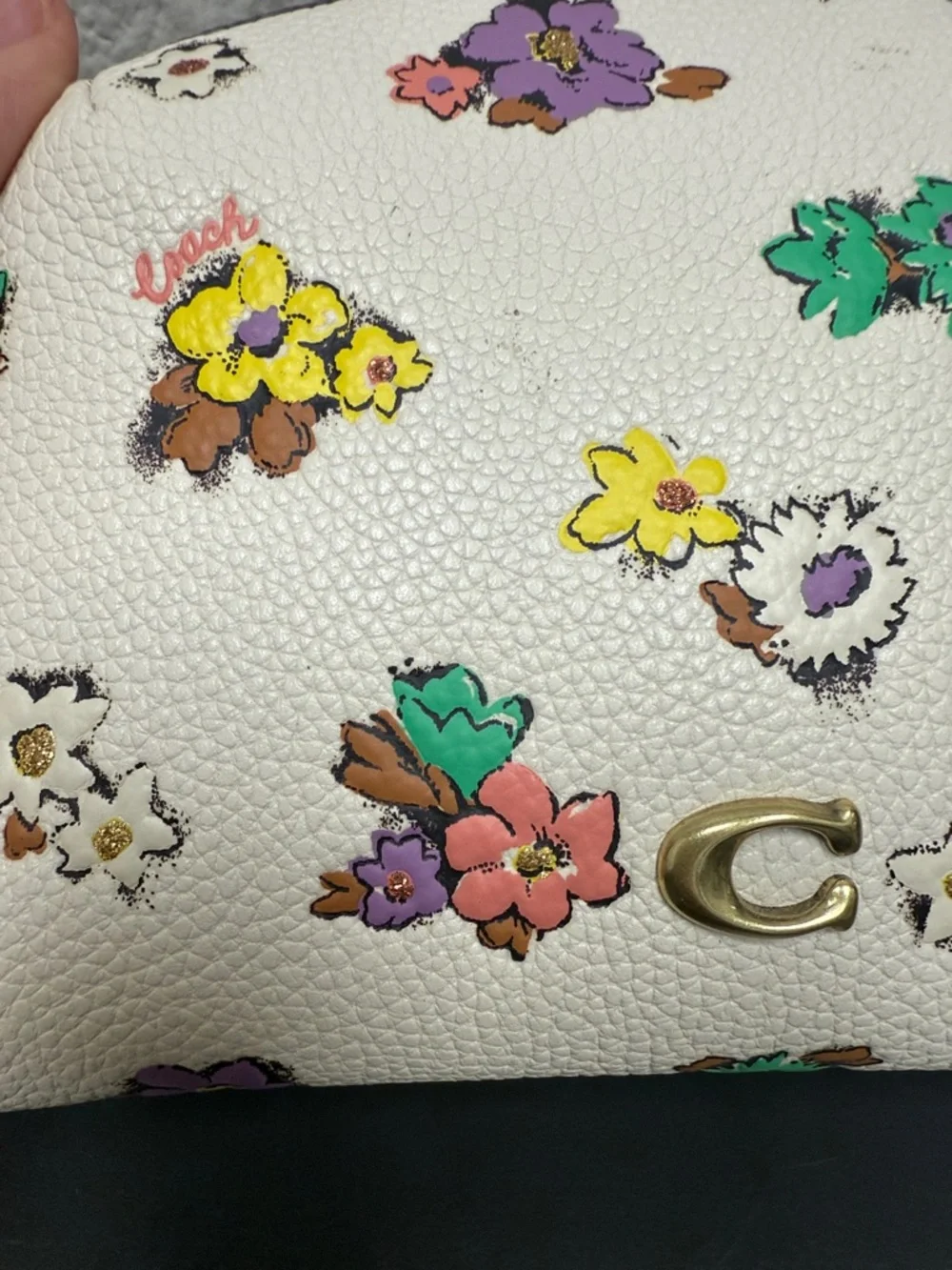 Coach White Floral Zip Cosmetic Pouch with Multicolor Blooms